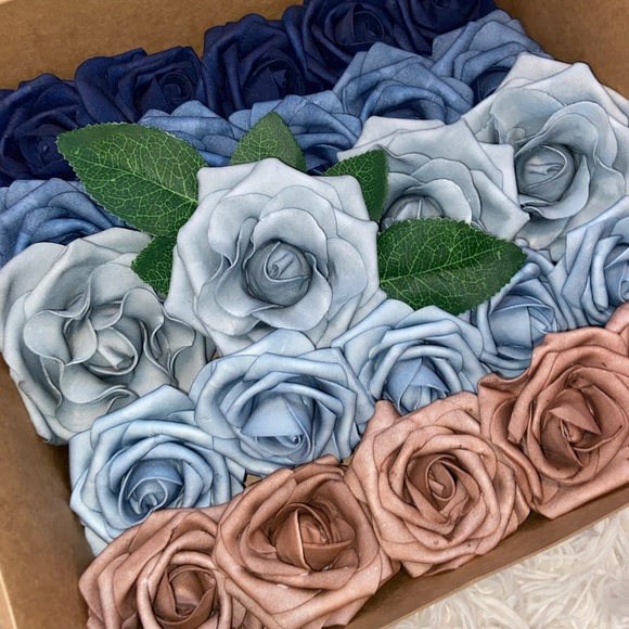 24 Count Navy Dusty Blue Shades & Dusty Rose Flowers Wedding Bouquet Centerpiece - Picture 3 of 3
